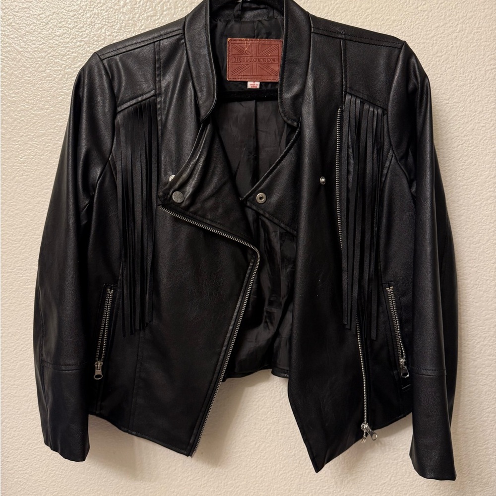 Miss London Black Leather Jacket with Fringe